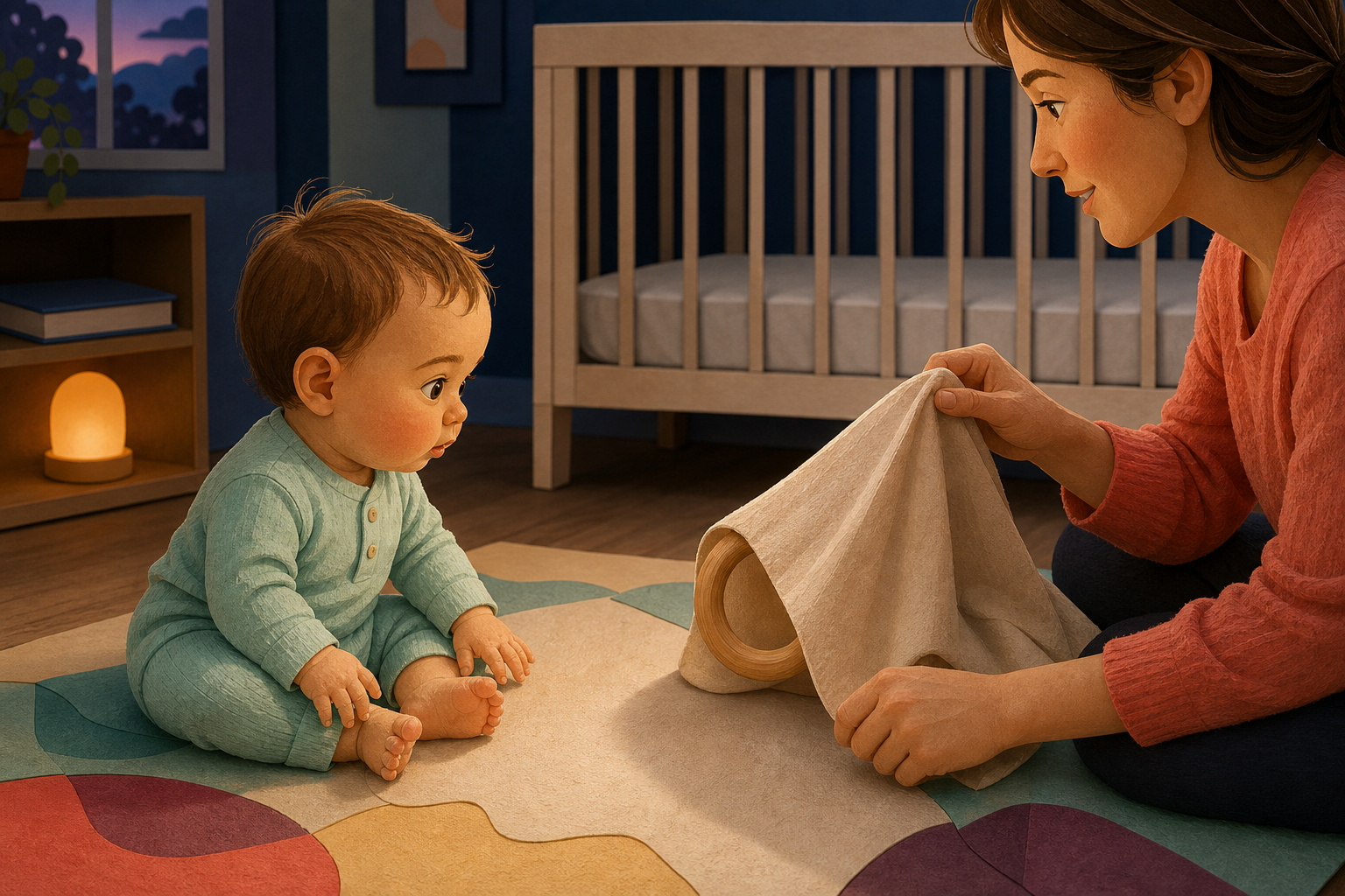 Awake baby watches a wooden ring slide behind a cloth during evening floor play.
