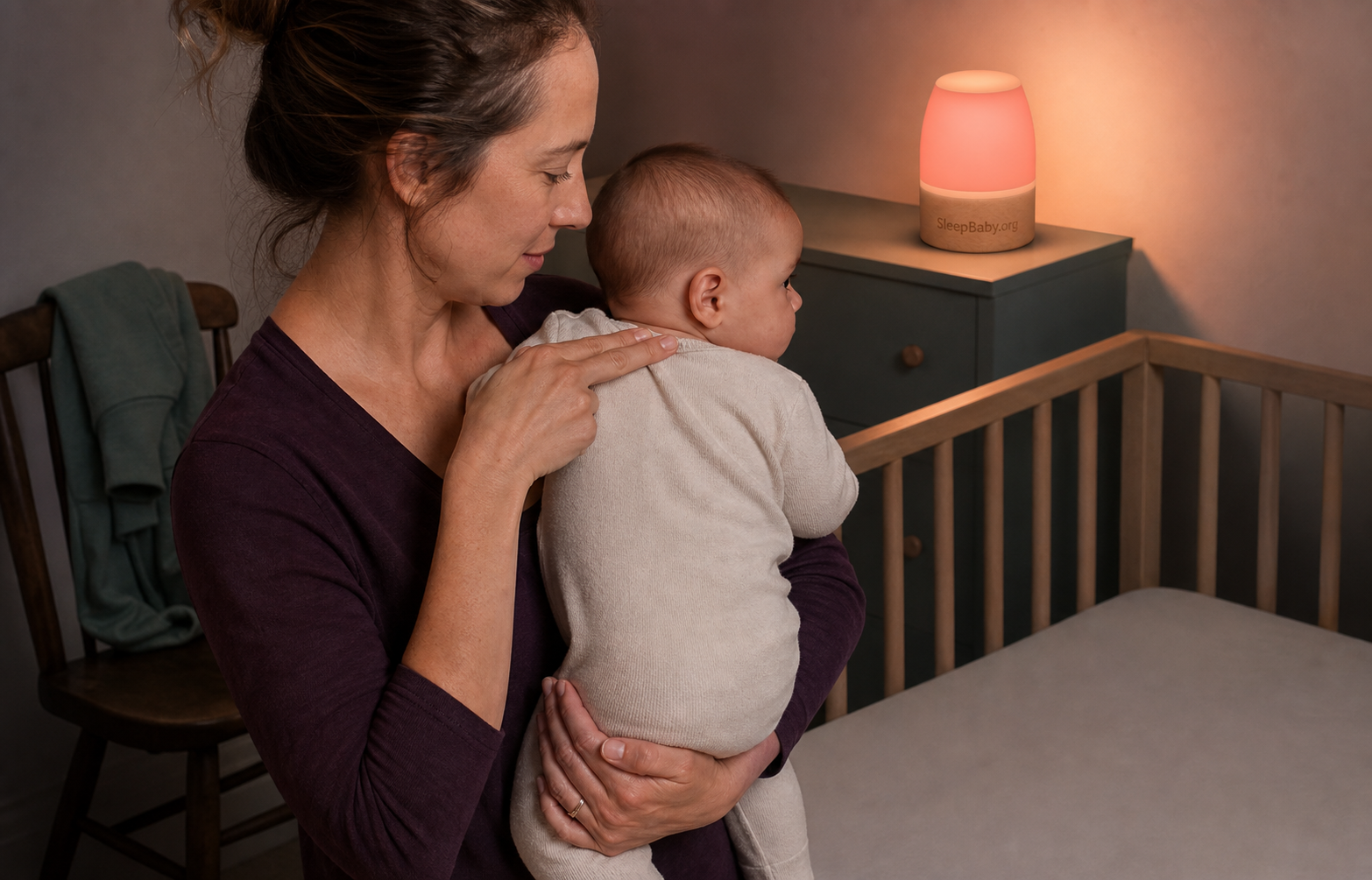 Caregiver checks an awake baby's upper back while a folded hoodie stays outside the bare crib.