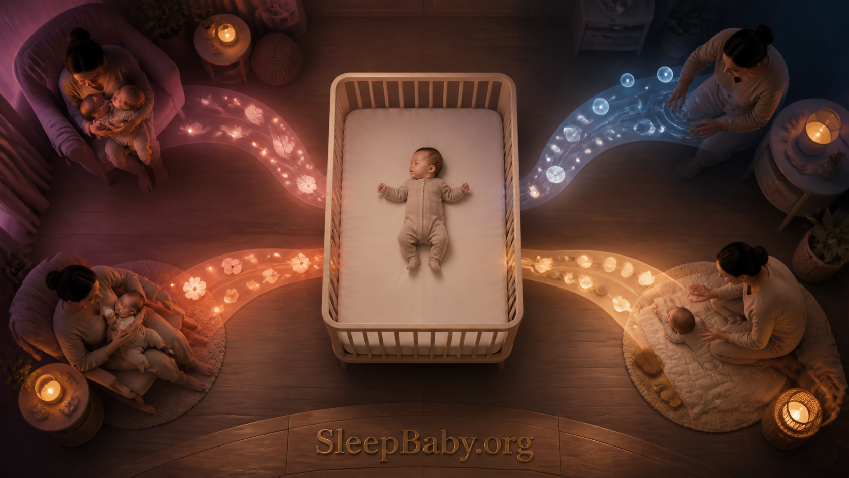 Luminous overhead scene with a safely sleeping baby at the center and four movement clues leading to calm caregiver responses