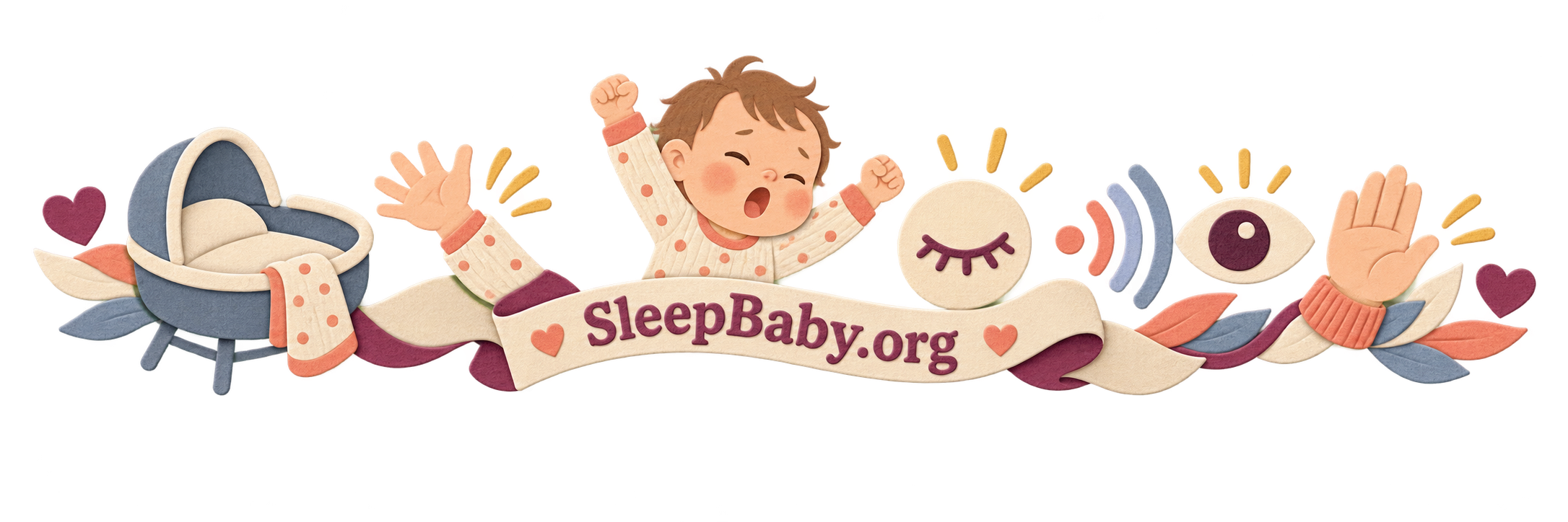 Editorial ribbon showing an arm startle, closed eye, sound, observing eye, pause hand and safe bassinet