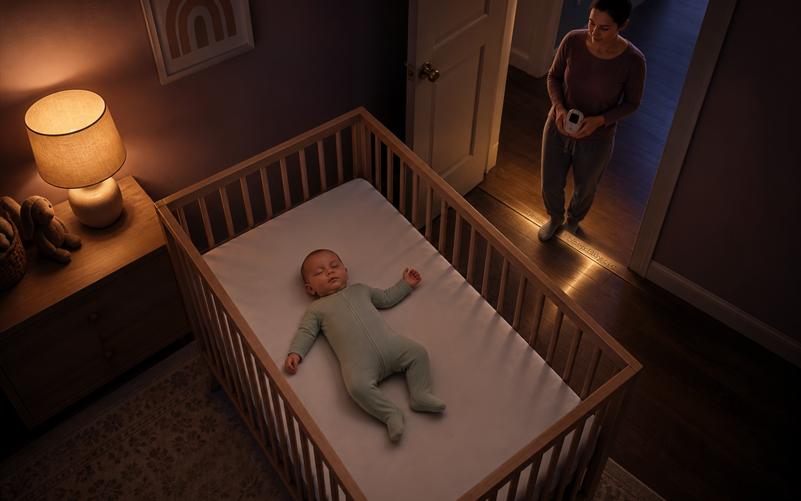 A high view shows a back-sleeping baby in a bare crib as a caregiver pauses beyond the threshold with a parent unit