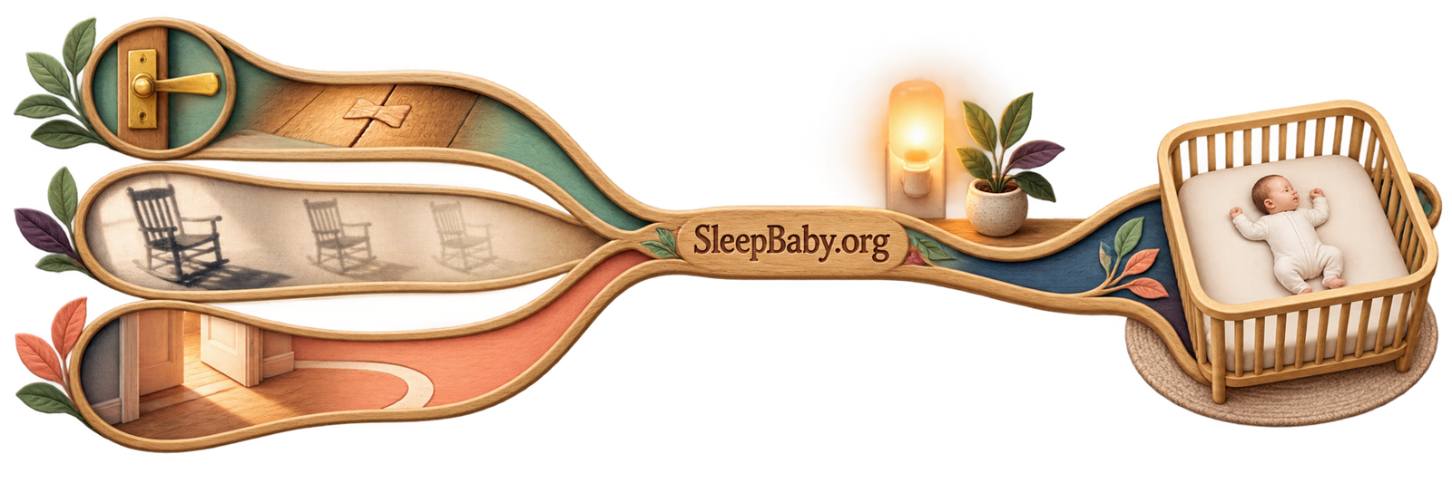 A transparent SleepBaby rail joins a latch, fading chair positions, and a doorway-return path beside a bare crib