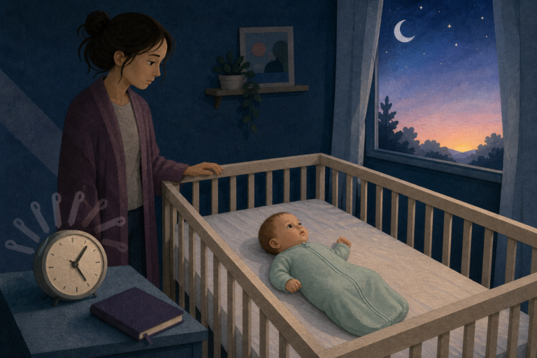 An awake baby lies on the back in a clear crib while a tired caregiver watches beside a clock suggesting repeated night wakes.