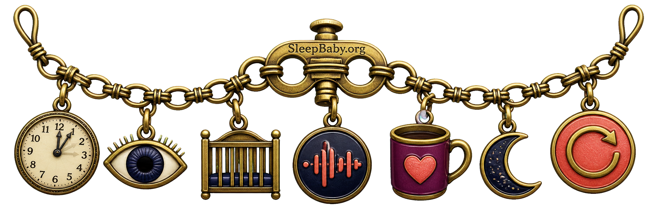 Gold charm strand linking a night clock, watchful eye, bare crib, sound wave, caregiver mug, moon, and reset arrow.