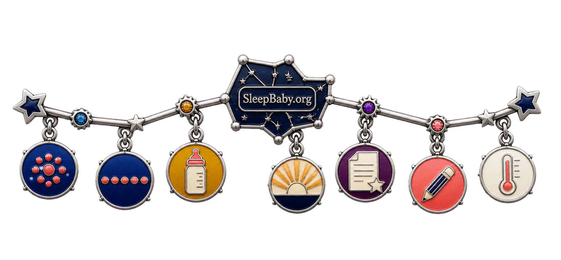 Silver nightline charm strand sorting clustered and even wake marks with a bottle, dawn, notes, pencil, and thermometer.