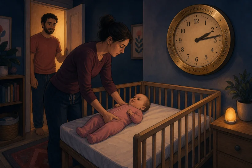 At 2:13 a.m., one awake caregiver places an awake baby on their back in an empty crib while a second adult arrives to take the next settling shift.