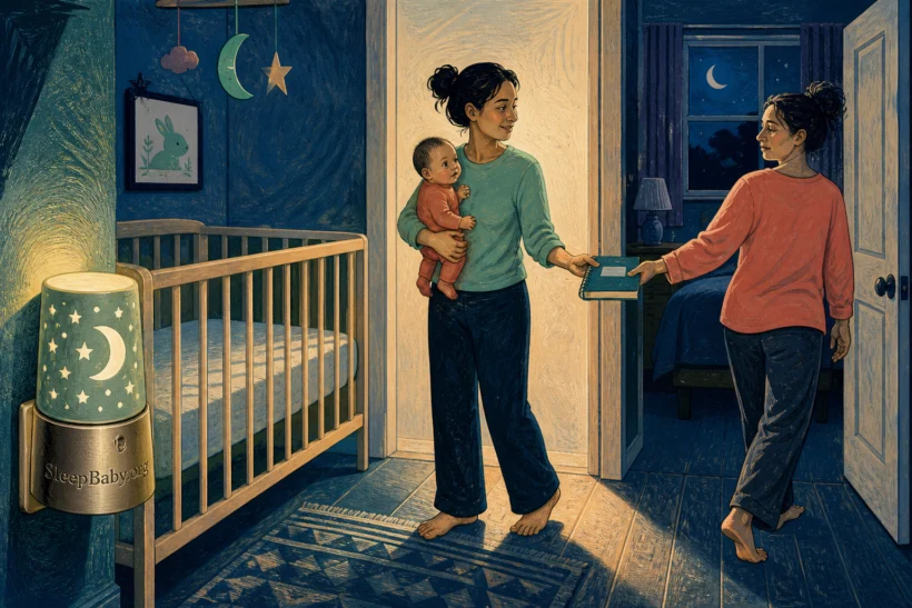 Two caregivers exchange the next awake settling shift beside an empty crib while the baby remains awake and safely held by the incoming caregiver.