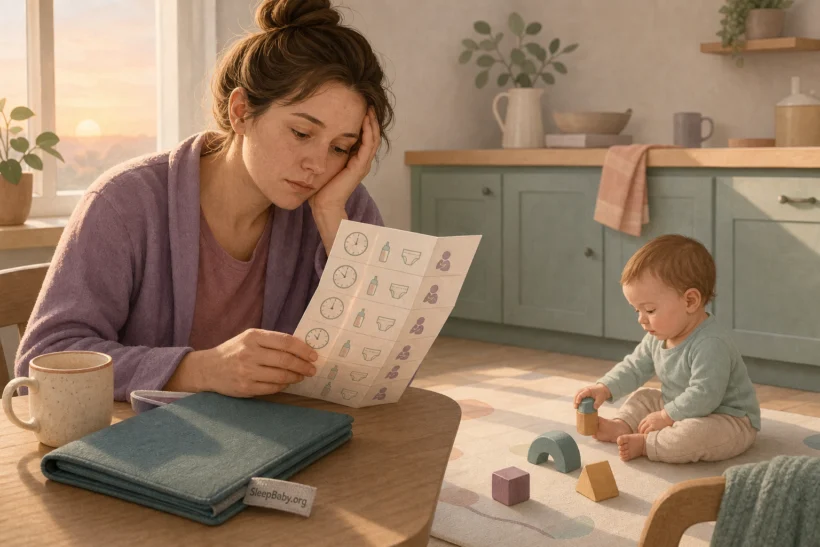 In morning light, a caregiver reviews one night's handwritten wake pattern at a kitchen counter while an awake baby plays safely nearby.