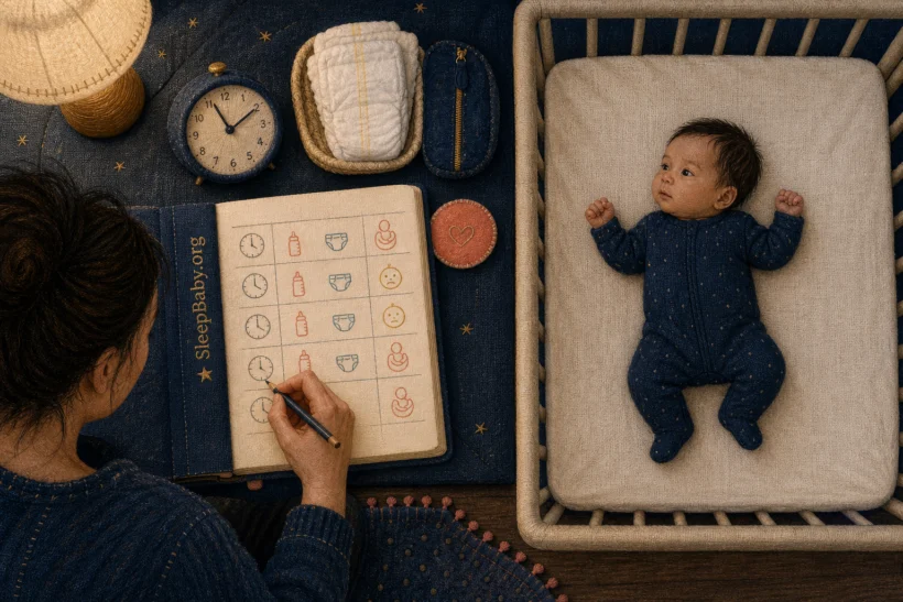 A caregiver beside an empty crib records wake, feed, diaper, symptom, and response cues in a simple cloth notebook while the baby is awake and supervised.