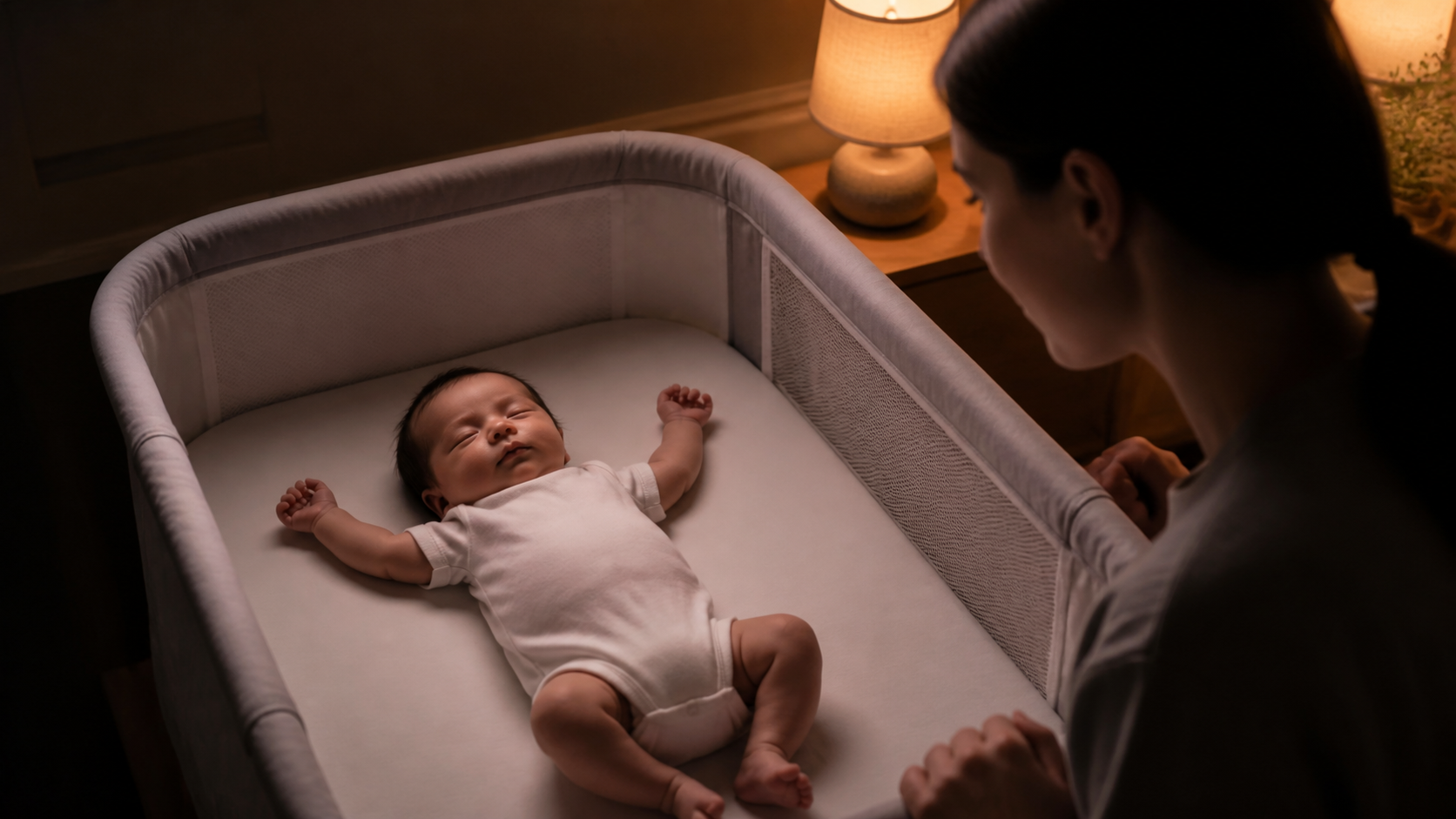 Newborn safely on their back in an empty crib lifting both arms during a startle while a caregiver pauses nearby
