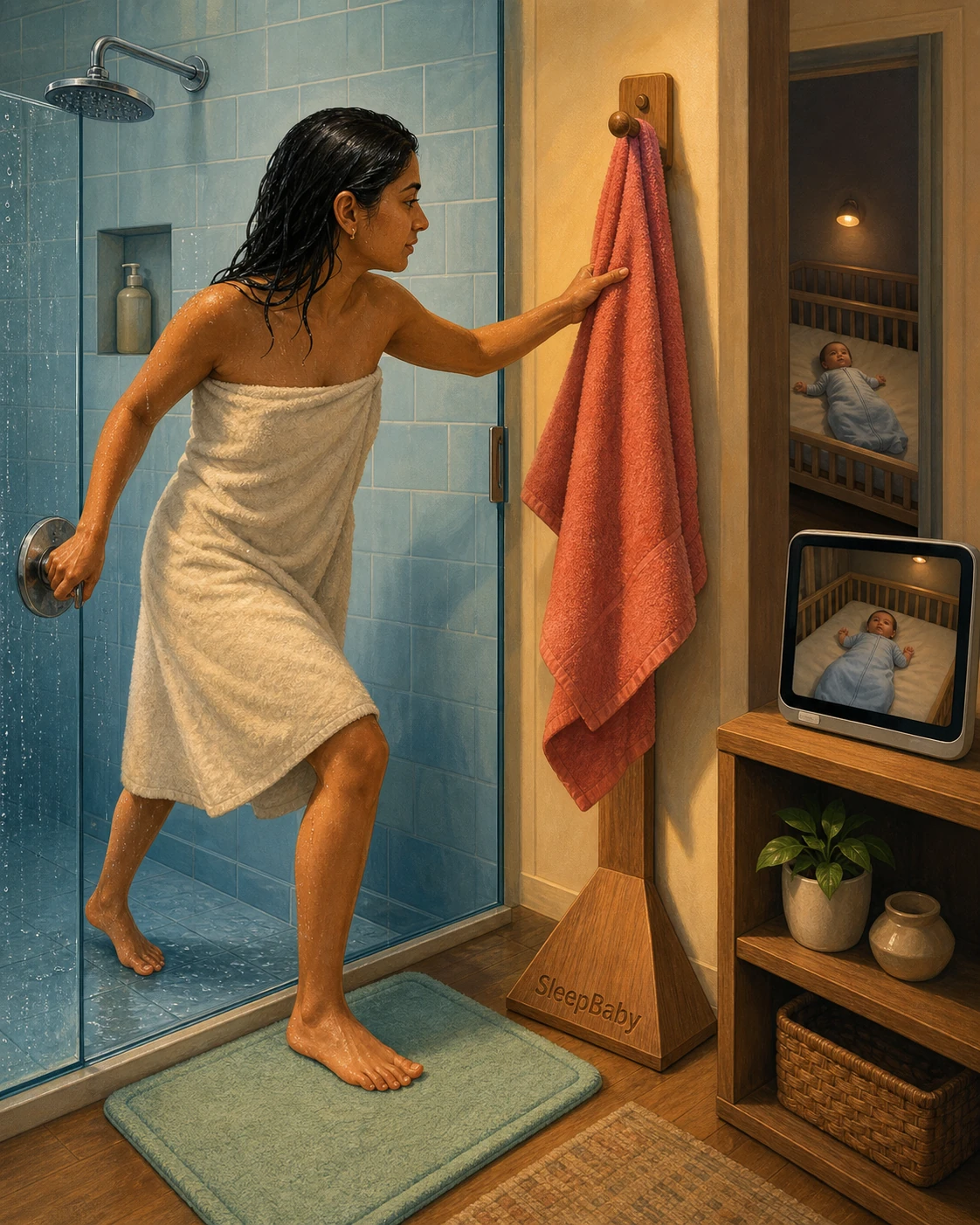 A caregiver turns off the shower and reaches for a towel while stepping onto a dry mat as an awake baby lies safely on their back in a bare crib.
