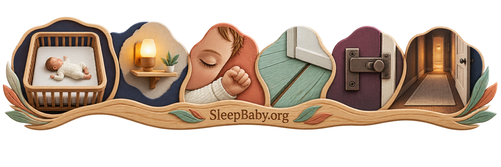 A transparent SleepBaby rail moves from a back-sleeping baby and nightlight through a floorboard and latch into the hall
