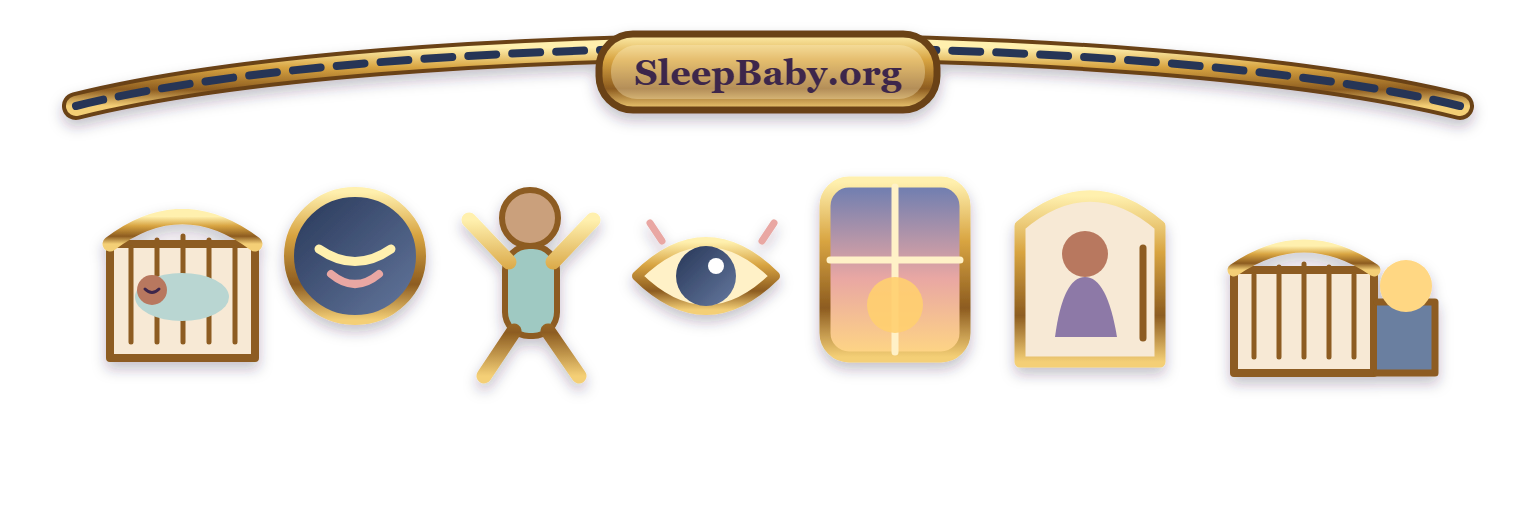 Transparent teaching rail moves from a sleeping baby and closed-eye smile through stretching, opening eyes, dawn light, and a caregiver at the crib