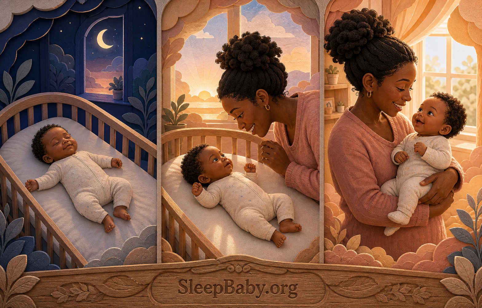 Three-panel SleepBaby scene moves from a sleeping smile to eye contact and an awake cuddle at dawn