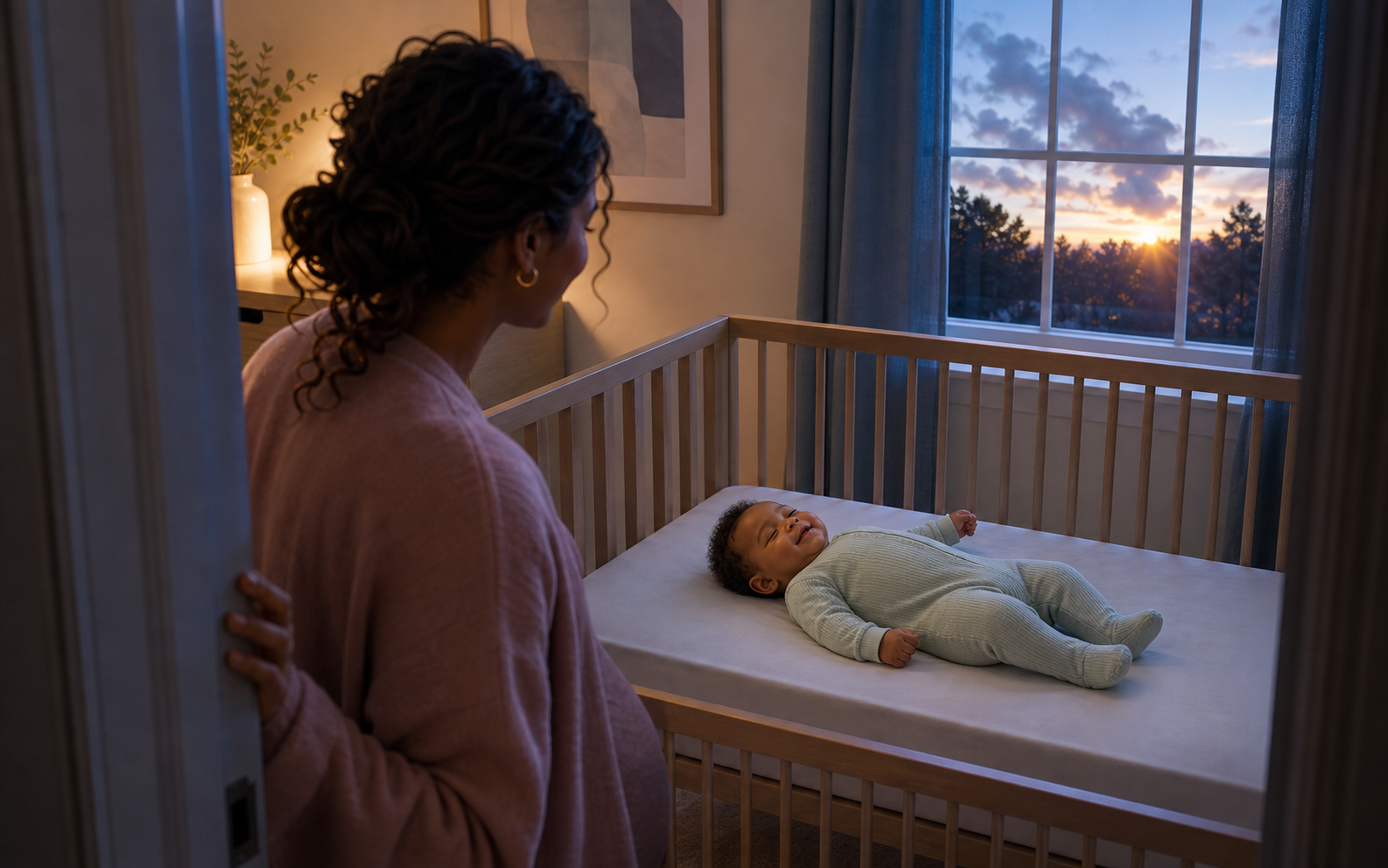 Mother pauses at dawn as her baby smiles while waking on her back in a bare crib