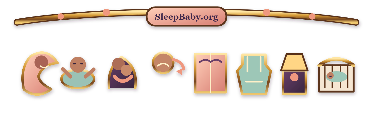 Transparent teaching rail moves from a soft response and awake floor play through cuddle, book, sleep sack, night light, and the next bare-crib sleep