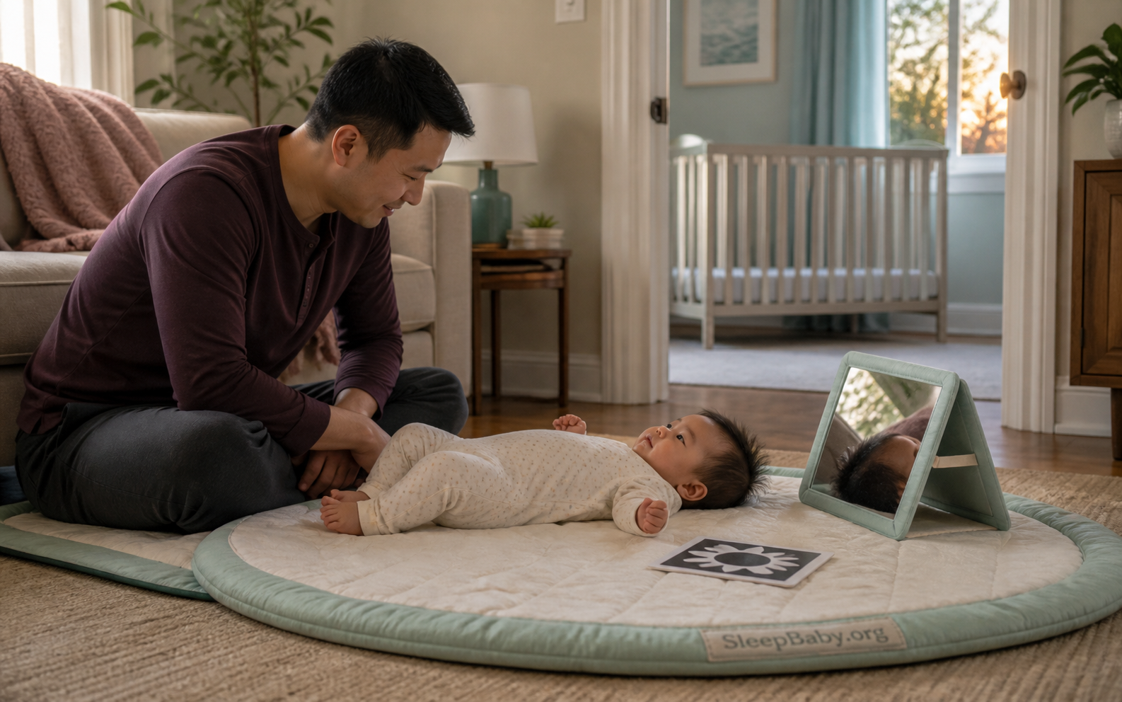 Father and awake baby share supervised floor time with a propped mirror while the empty bare crib remains in the next room