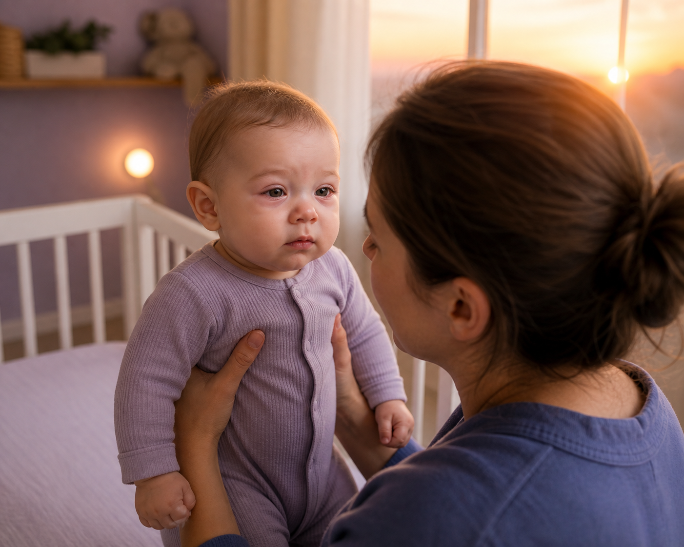 A calm first look at puffy eyes after sleep Caregiver supports an awake baby's torso while calmly checking mild puffiness around both eyes after sleep