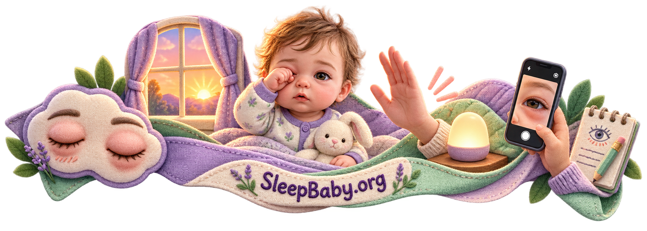 Move from the startled dawn moment to calm observation Fabric dawn rail links an awake baby's puffy eyelids, gentle observation, a photo note and a bedside nightlight