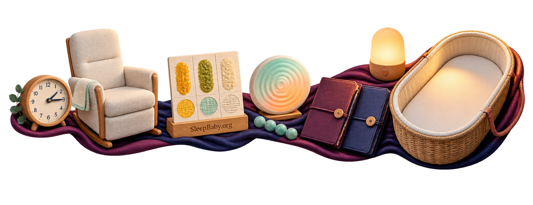 Transparent teaching rail links one clock to an empty feeding chair, observation card, comfort ripple, hydration beads, message folios, a warm lamp, and an empty bassinet.