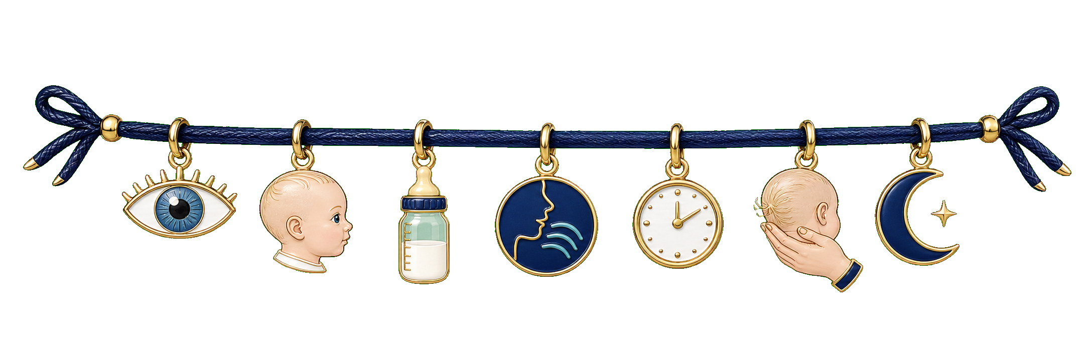 Charm rail showing an alert eye, awake baby, bottle, swallow rhythm, clock, supported neck, and next-sleep moon