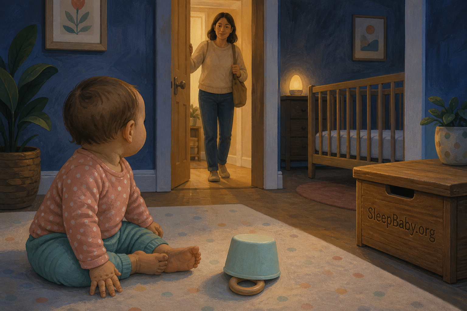 Awake baby tracks a caregiver returning through a doorway beside a partly hidden wooden ring.