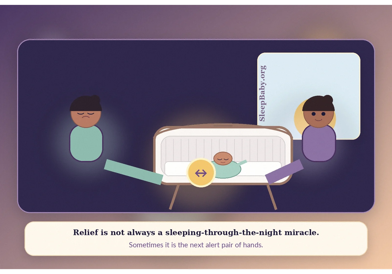 Two caregivers handing off beside a newborn on their back in a bare bassinet as dawn reaches the window