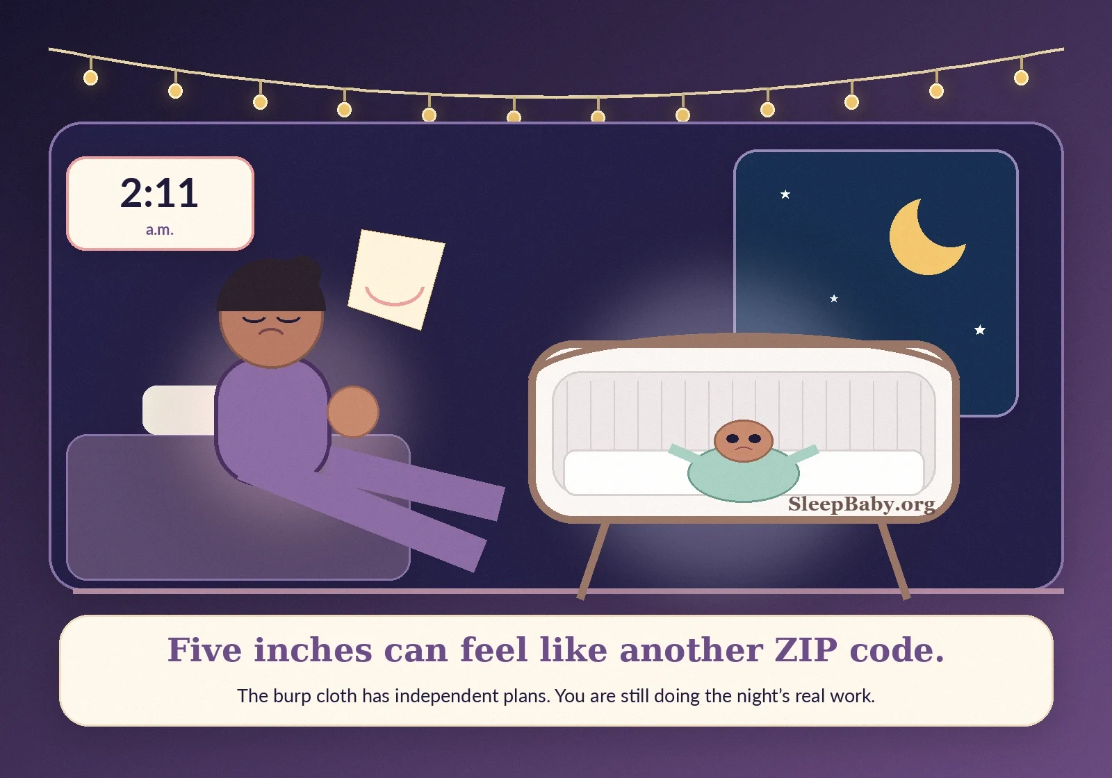 Tired caregiver beside an awake newborn in a bare bassinet at 2:11 a.m. under warm string lights