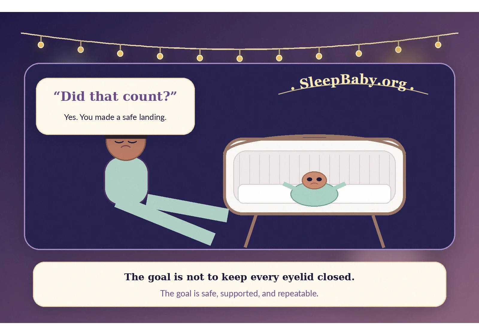 Awake newborn on their back in a bare bassinet beside a tired caregiver under warm bedtime lights