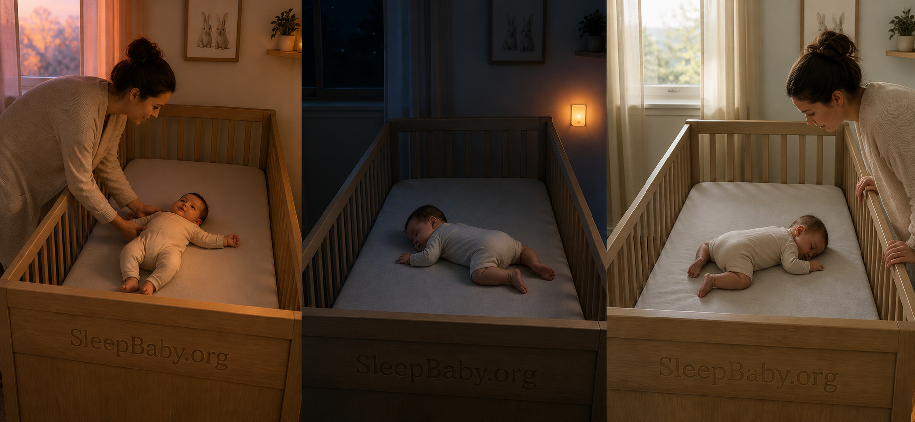 Photographic dusk-to-dawn triptych shows back placement, a later tummy position after rolling, and a caregiver checking the same bare crib.