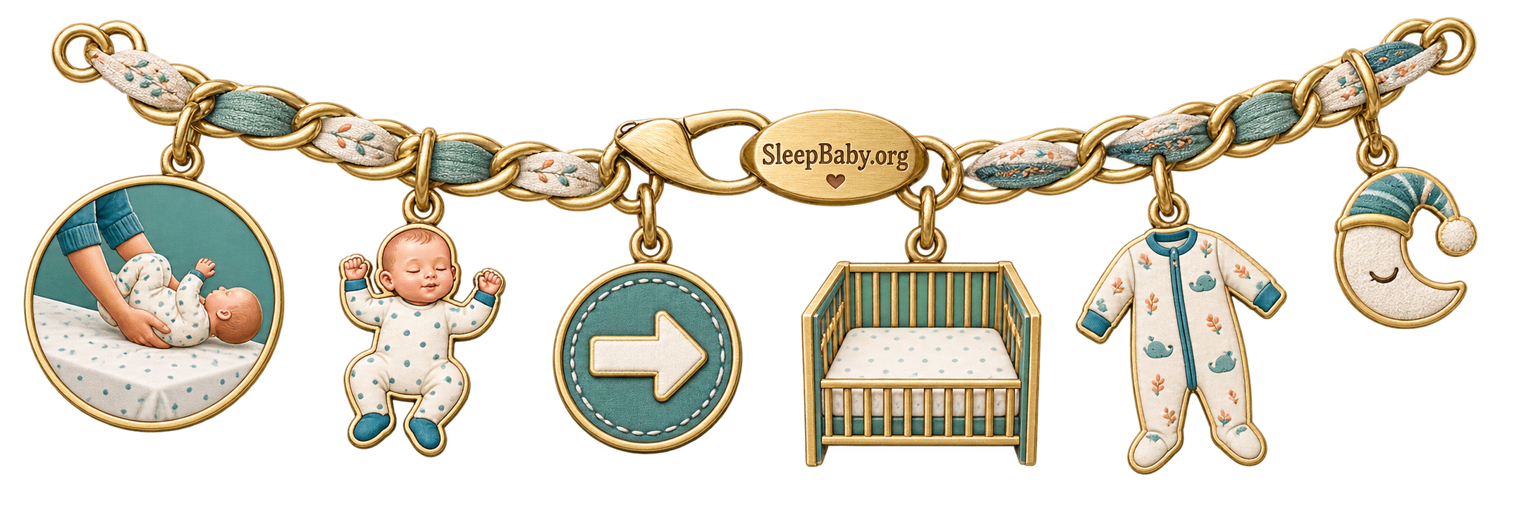 Baby rolling safety charm ribbon with a moon, back-sleep silhouette, starting arrow and clear fitted-sheet crib