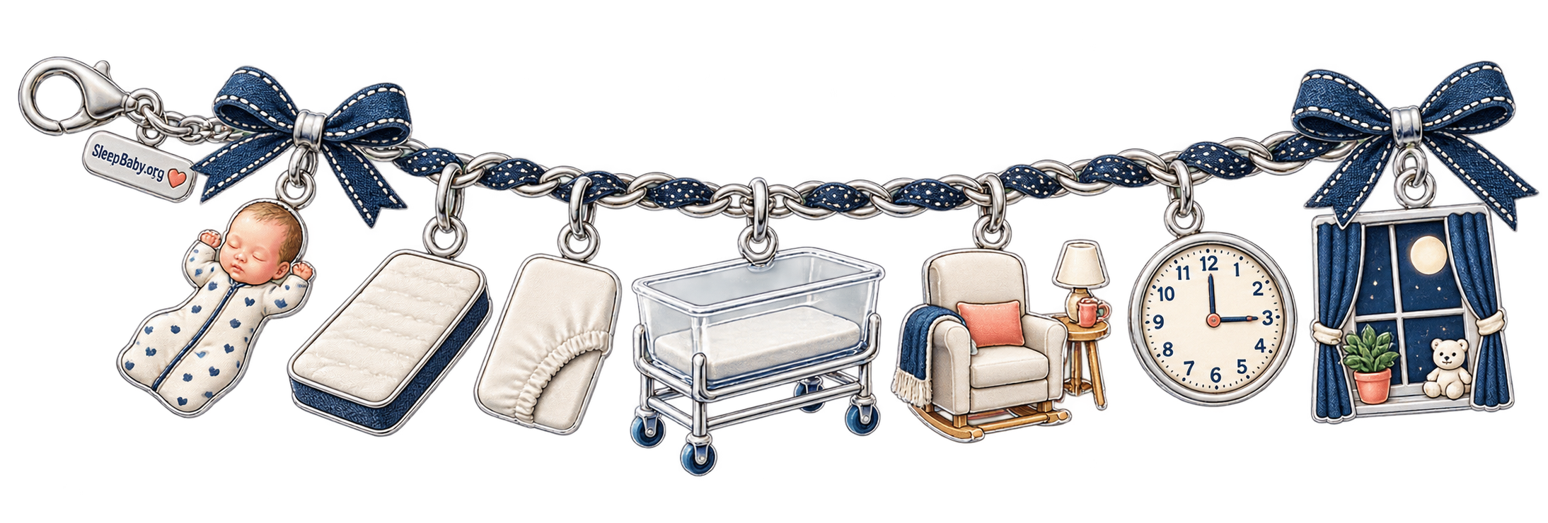 Editorial rail showing back placement, flat surface, fitted sheet, clear bassinet, caregiver room, and next feed