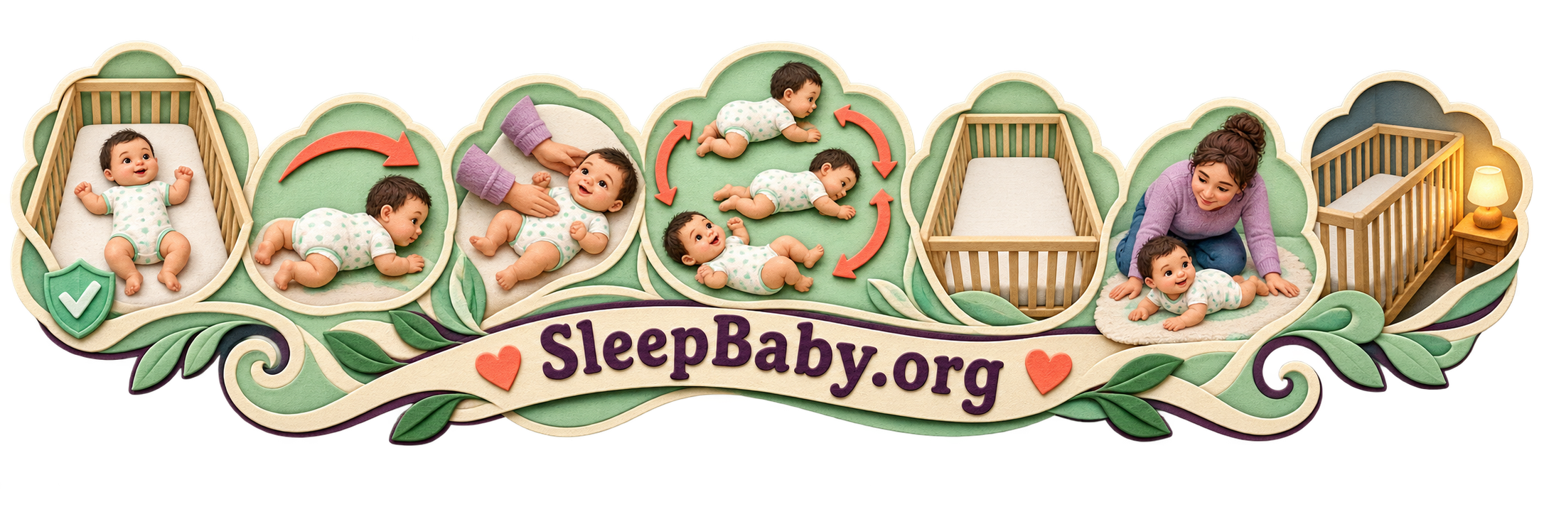 Back placement, rolling response, floor practice, and bare-crib scenes form one teaching rail.