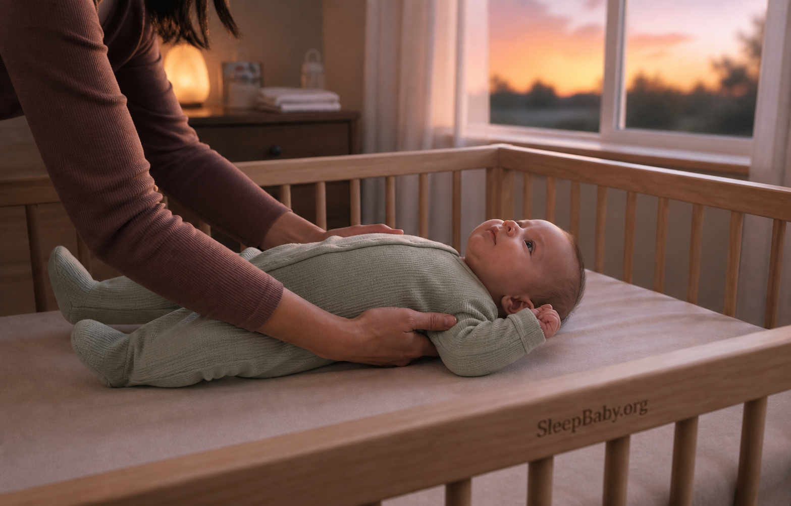 Caregiver settles an awake baby onto the back in a bare crib as dawn reaches the bedroom
