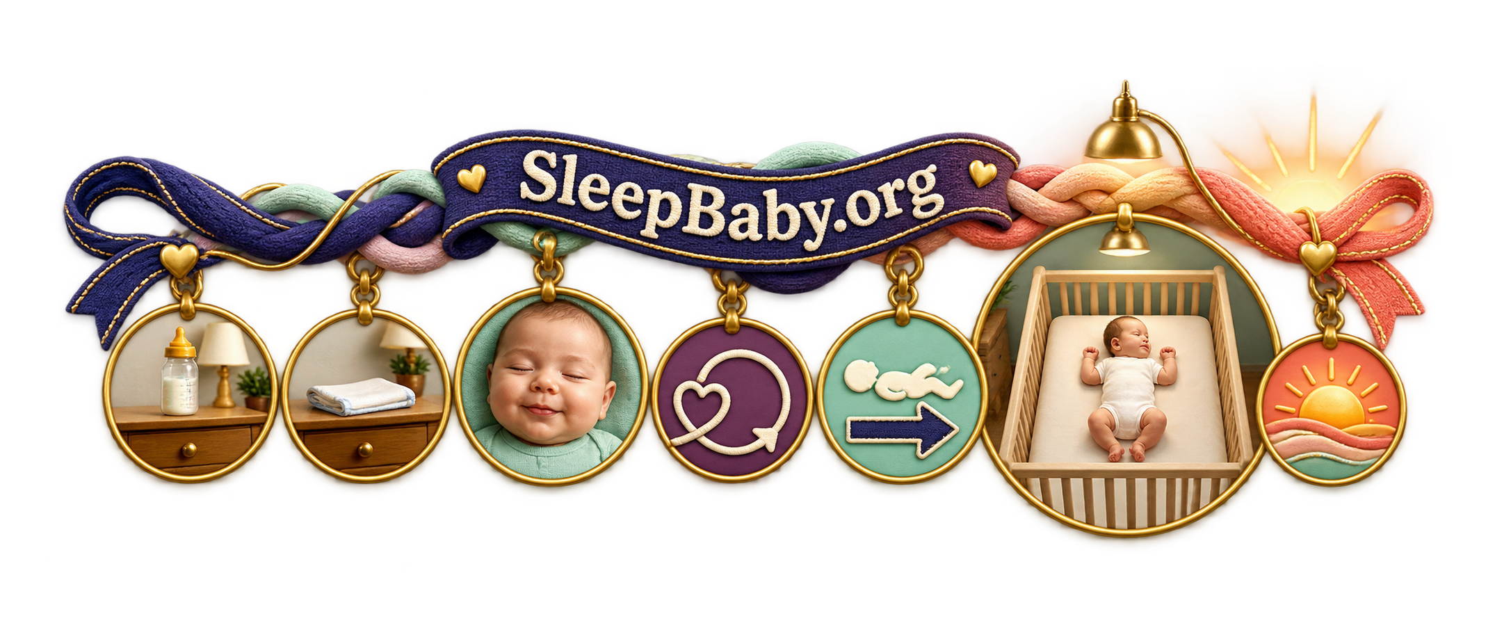 Transparent rail with bottle and cloth outside, a fullness face, closing loop, back-first arrow, bare crib, and dawn
