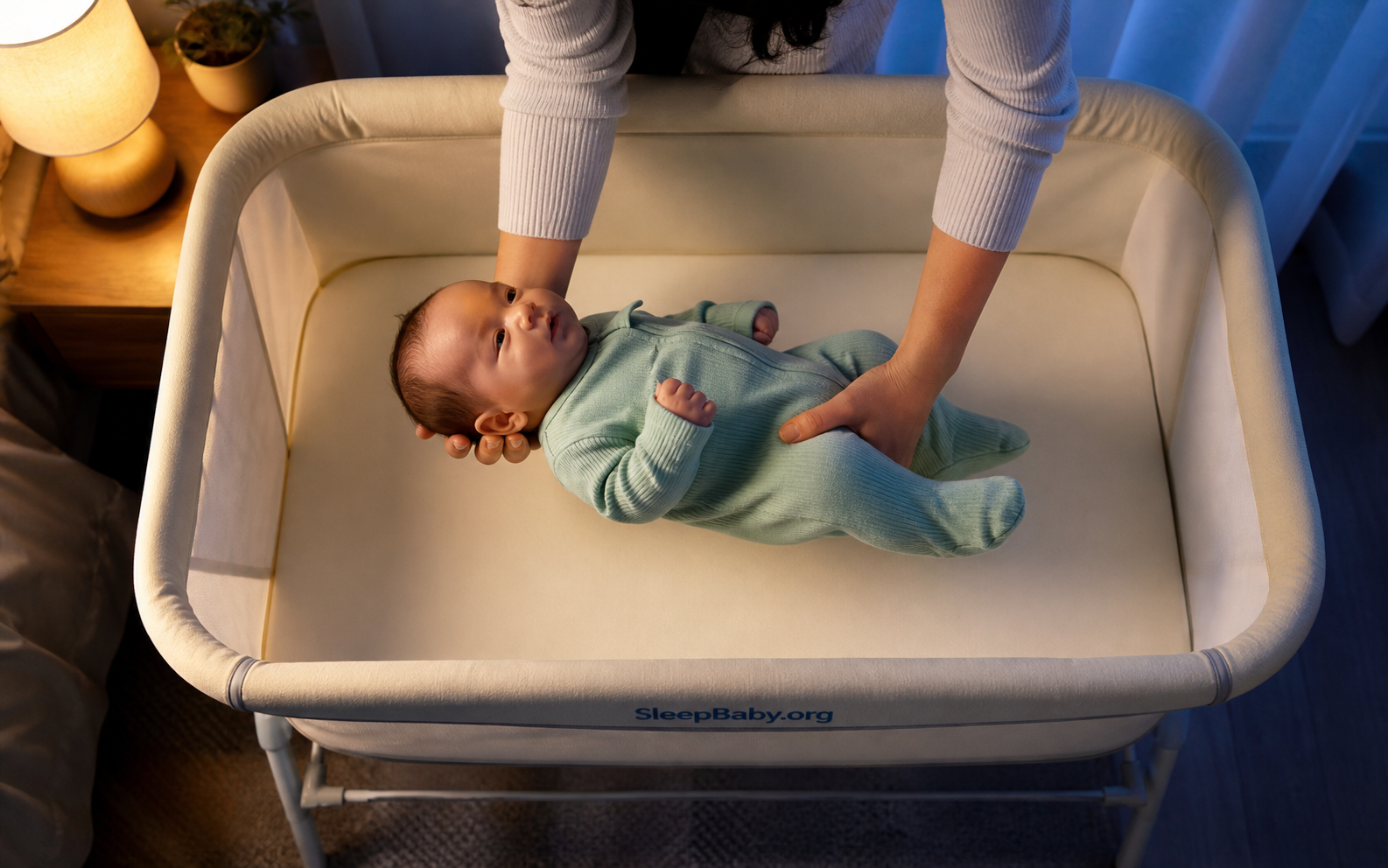 Overhead view of careful hands lowering an awake baby onto their back in an empty bassinet