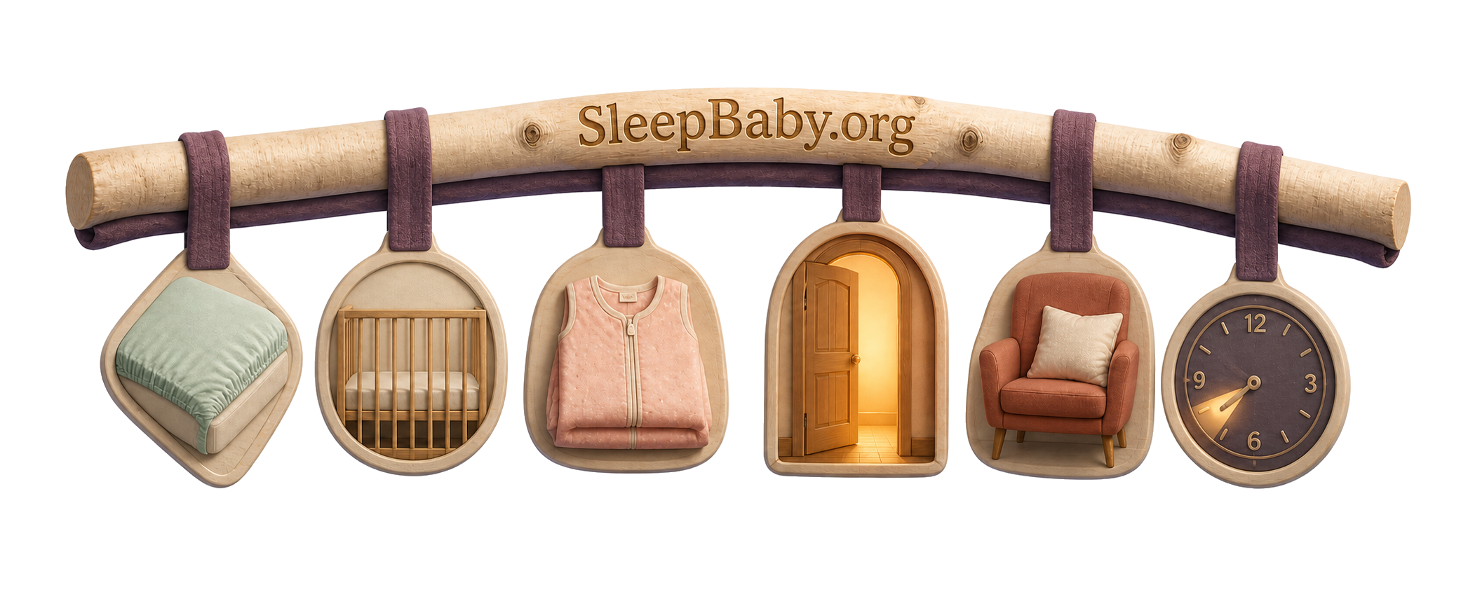 Birch bedtime rail links a snug sheet, empty crib, sleep garment, warm doorway, pillow on chair, and clock.