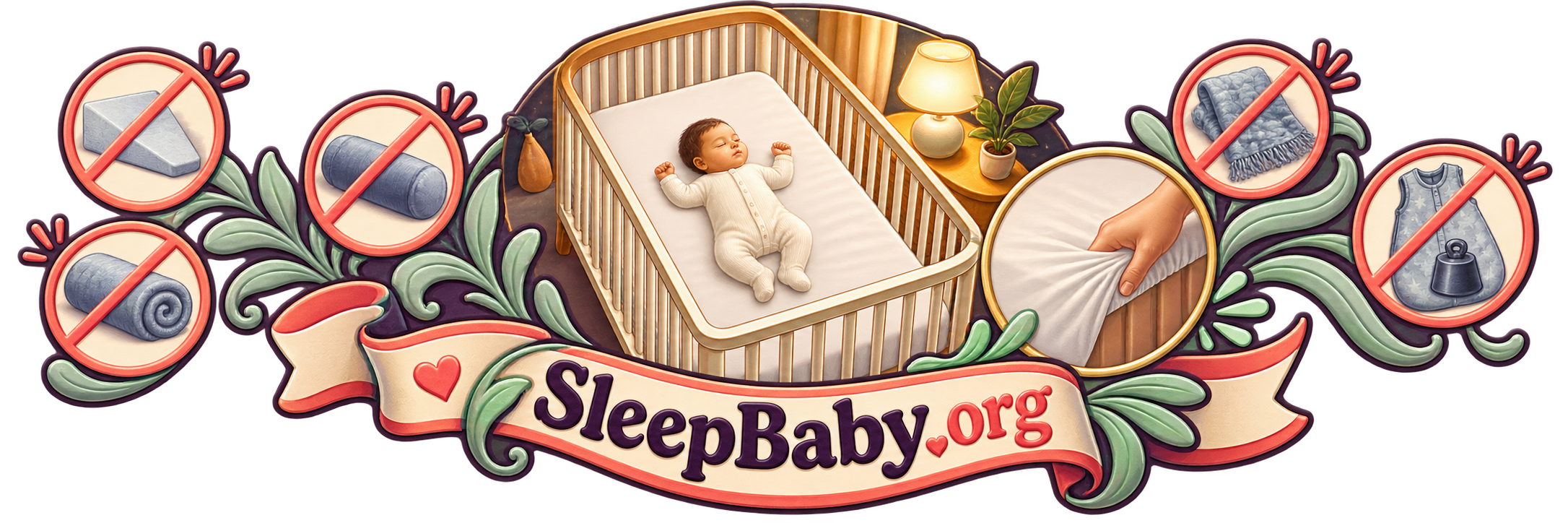 A bare crib sits between crossed-out wedges, bolsters, blankets, and weighted sleepwear.