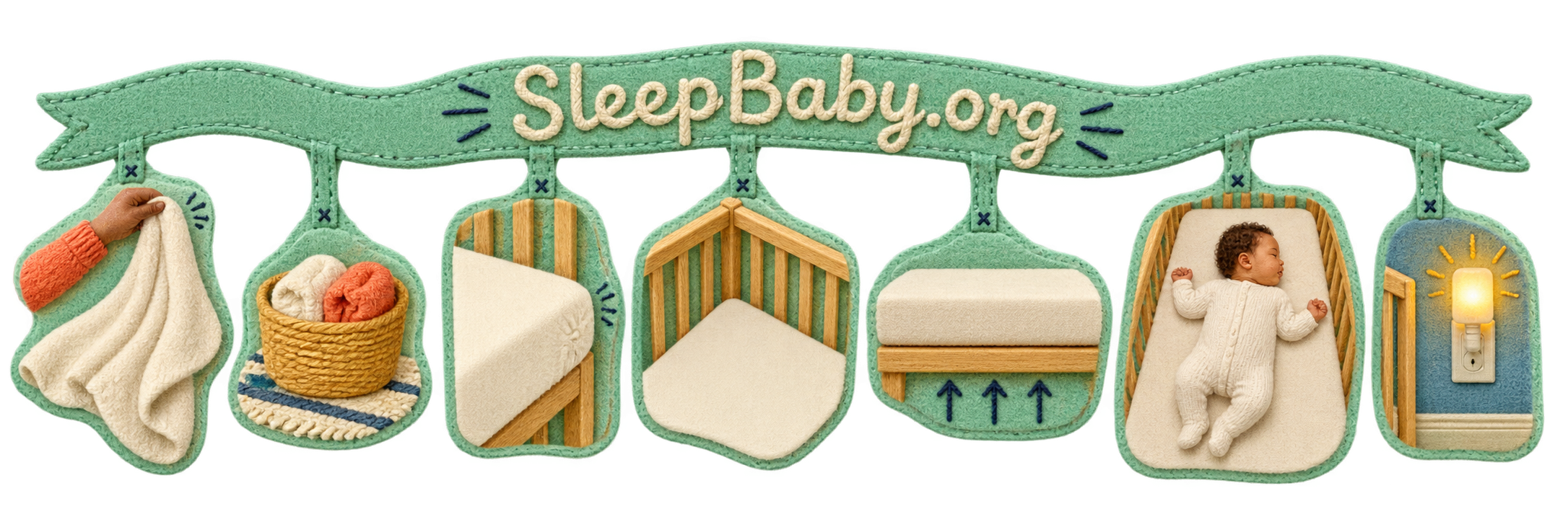 Mint felt ribbon shows a blanket removed, a basket outside the crib, a fitted sheet, an empty crib, and a clear sleep space.