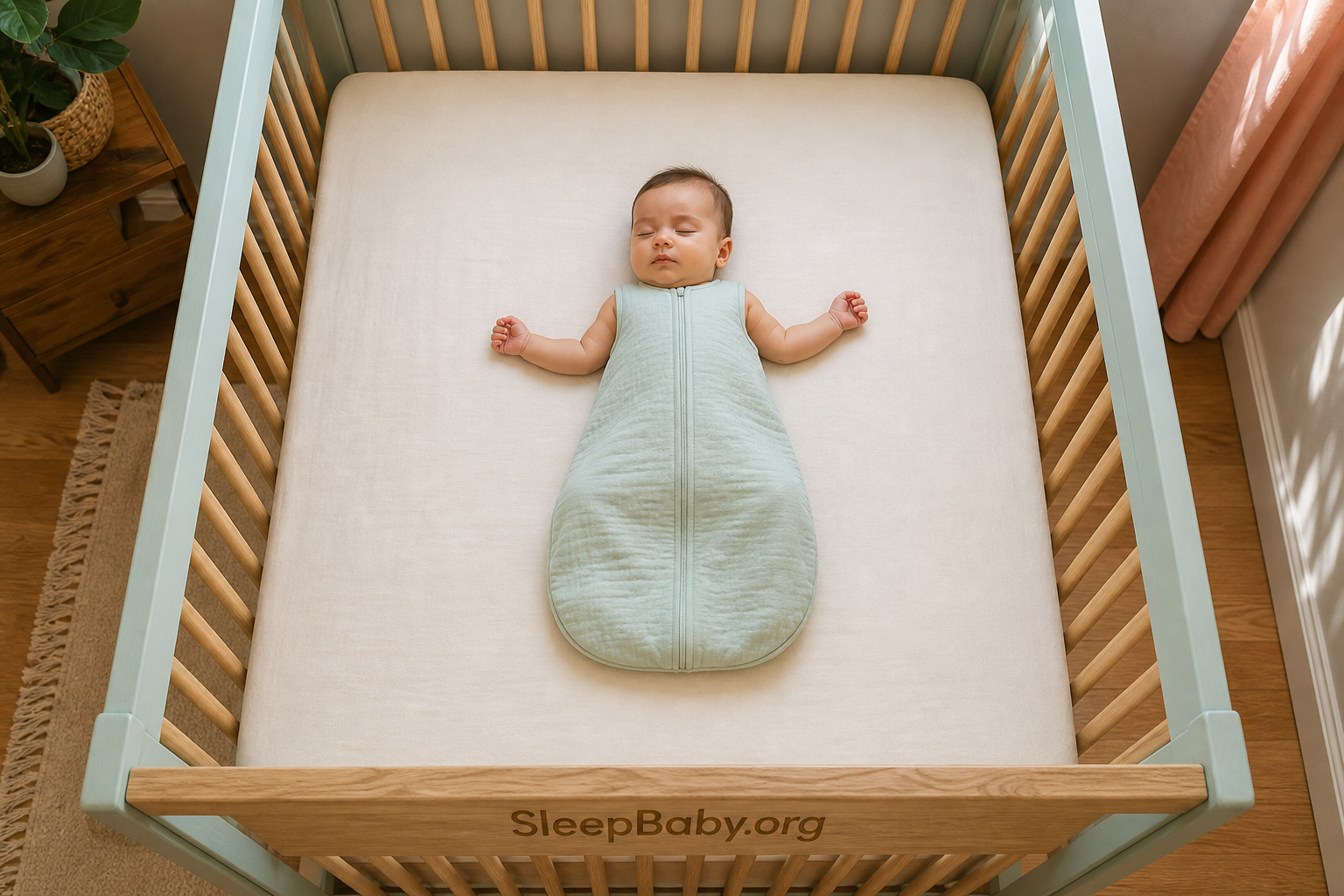 A baby sleeps on the back in a sleep sack on a firm flat mattress in an empty crib