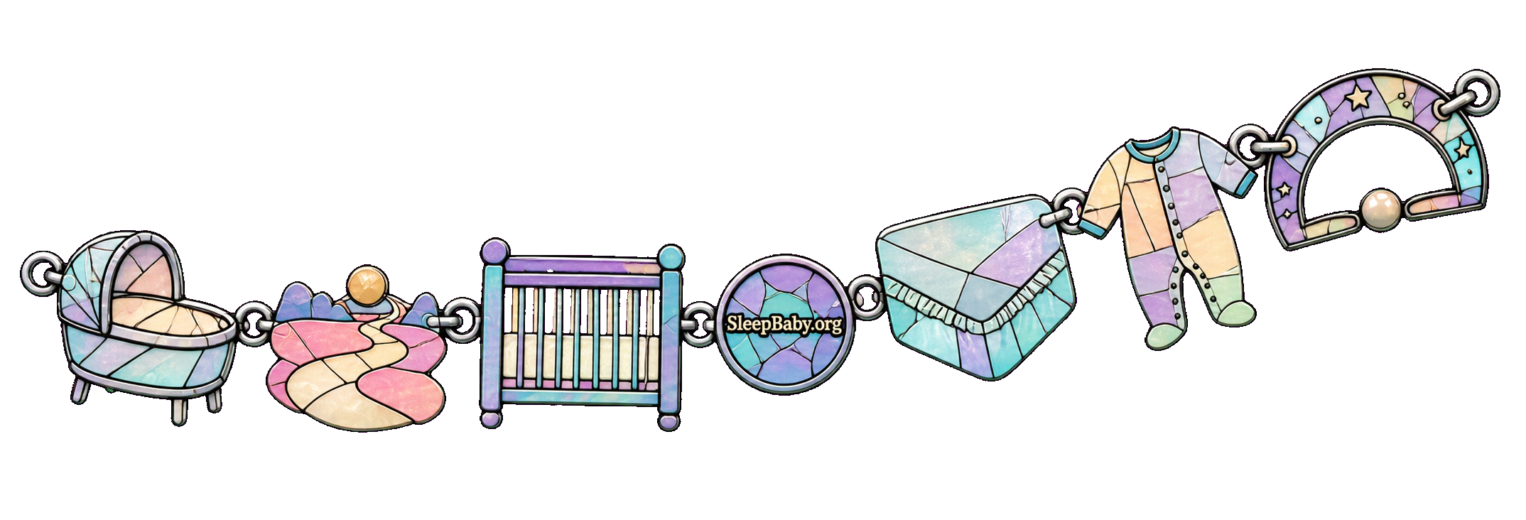 Pastel stained-glass charms trace a small bassinet, open path, bare crib, fitted-pad corner, arms-free pajamas and open space.