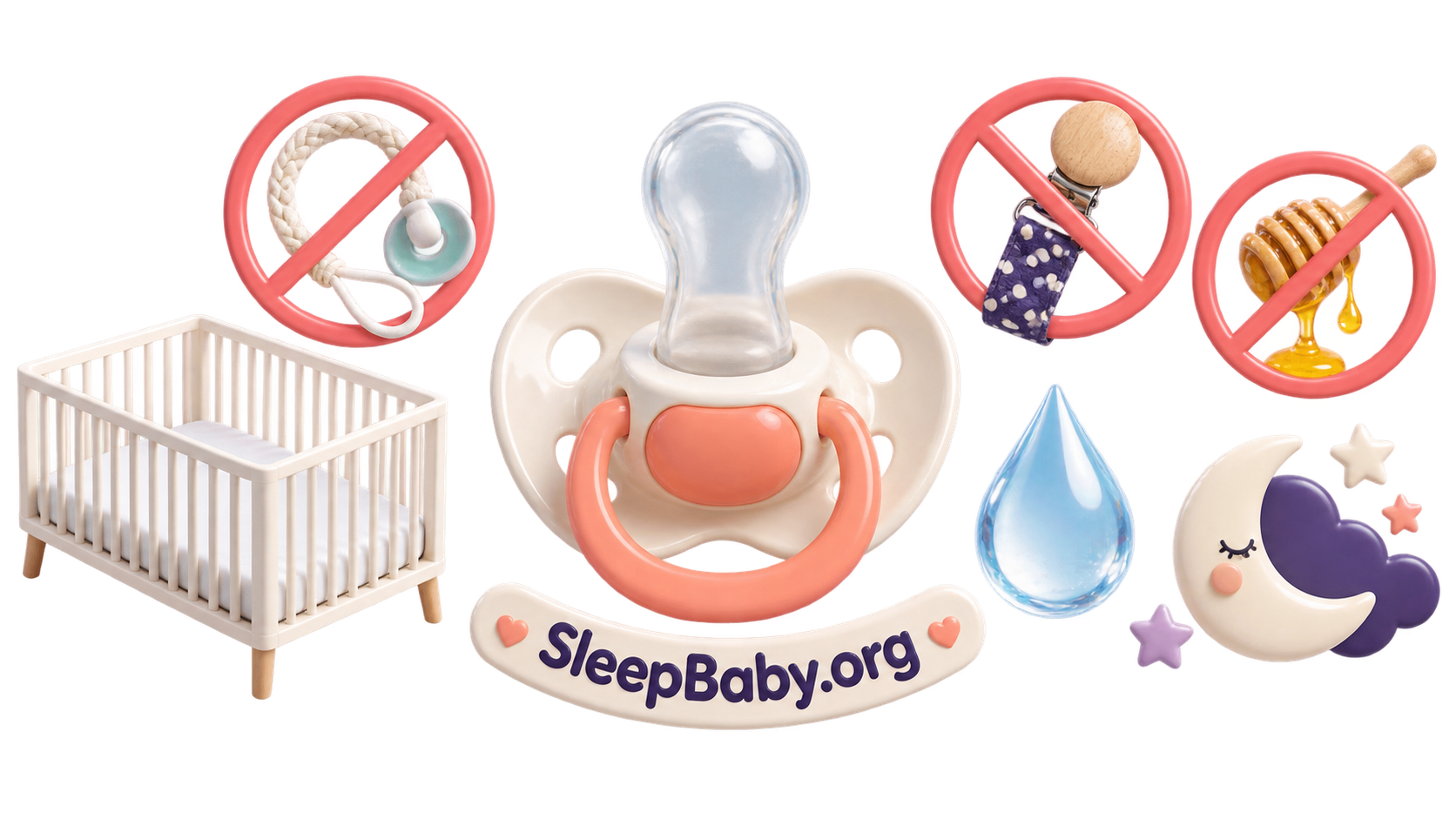 A safety rail centers a pacifier beside crossed-out cords, clips and honey, an empty cot and clean-water cue.