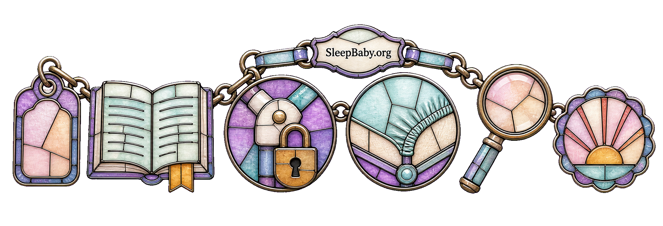 Pastel stained-glass charms step through a model tag, open manual, locked joint, fitted pad, magnifying glass and sunrise marker.