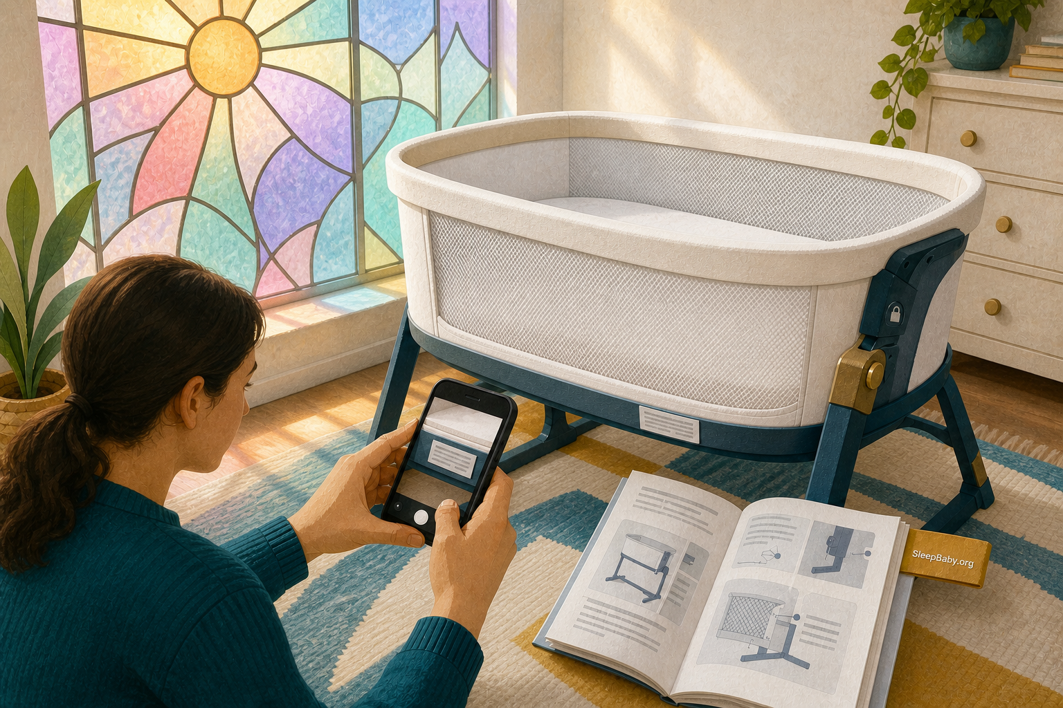 Caregiver photographs the upright bassinet model label beside an open manual and locked hardware under a bright pastel stained-glass window.