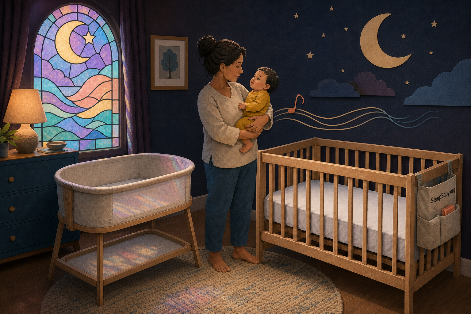 Caregiver holds an awake arms-free baby between an empty bassinet and a bare crib beside a moonlit pastel stained-glass window.