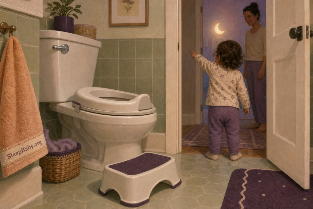 A toddler-height view shows a secured toilet reducer, a wide nonslip foot stool, a flush handle, softened light, and an open door while a clothed toddler points from the doorway.