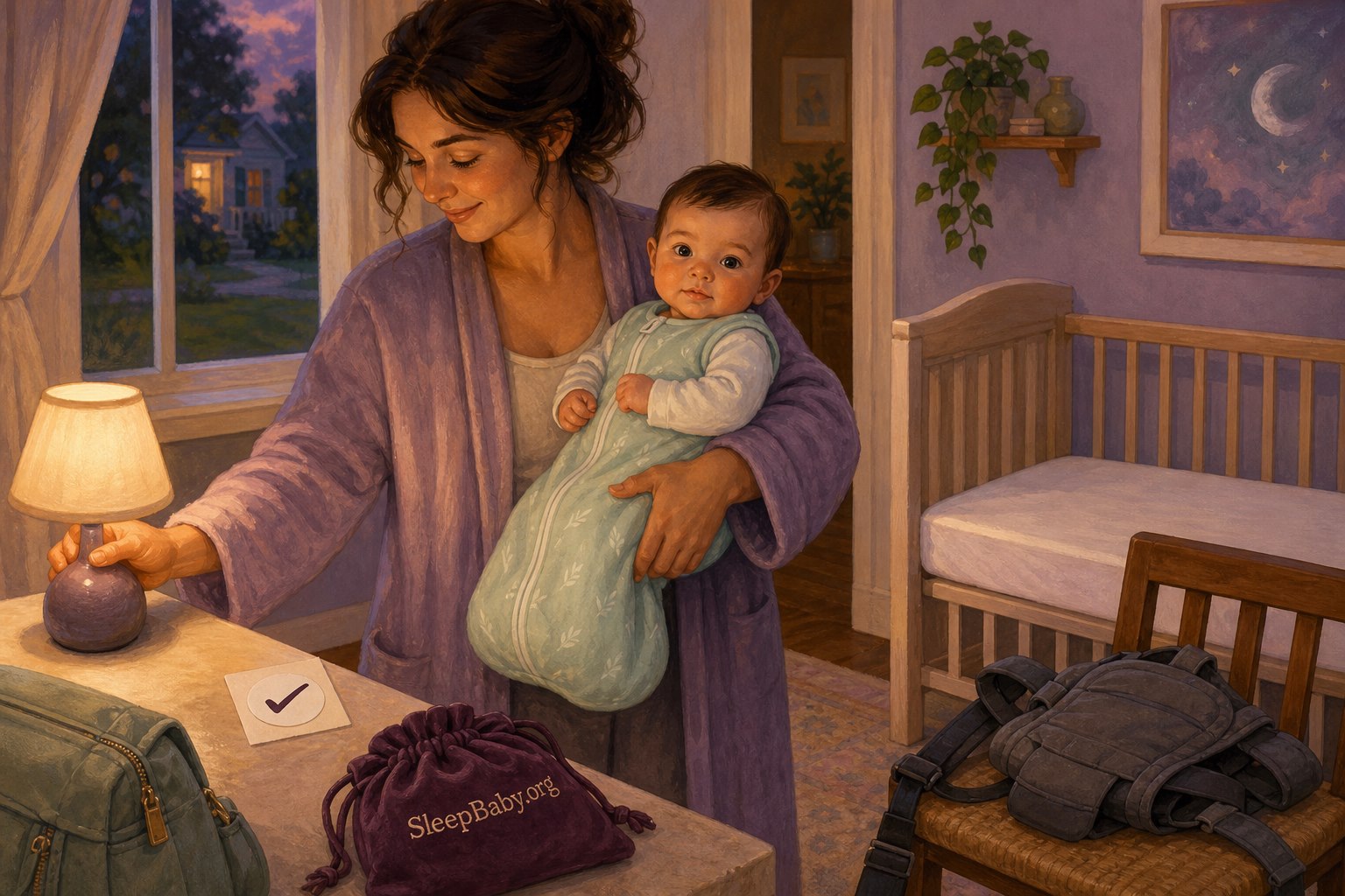 Illustrated caregiver lowers a lamp while holding an awake baby beside an empty crib with a firm flat mattress and fitted sheet only; a folded carrier rests nearby.