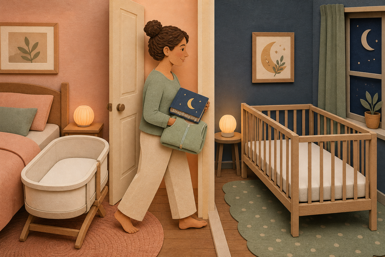 A caregiver carrying the same bedtime book and sleep sack from a bedroom bassinet toward a nursery crib