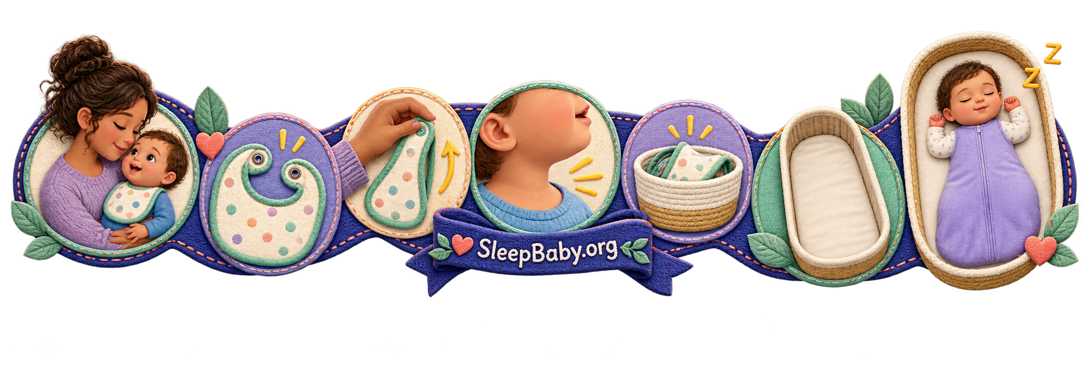 Bib off before sleep handoff Fabric rail moves from an open bib to a basket, bare bassinet and bib-free sleep