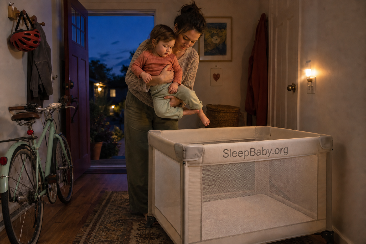 Supported toddler arrives beside a bare playard after the bicycle has been parked and the helmet removed.